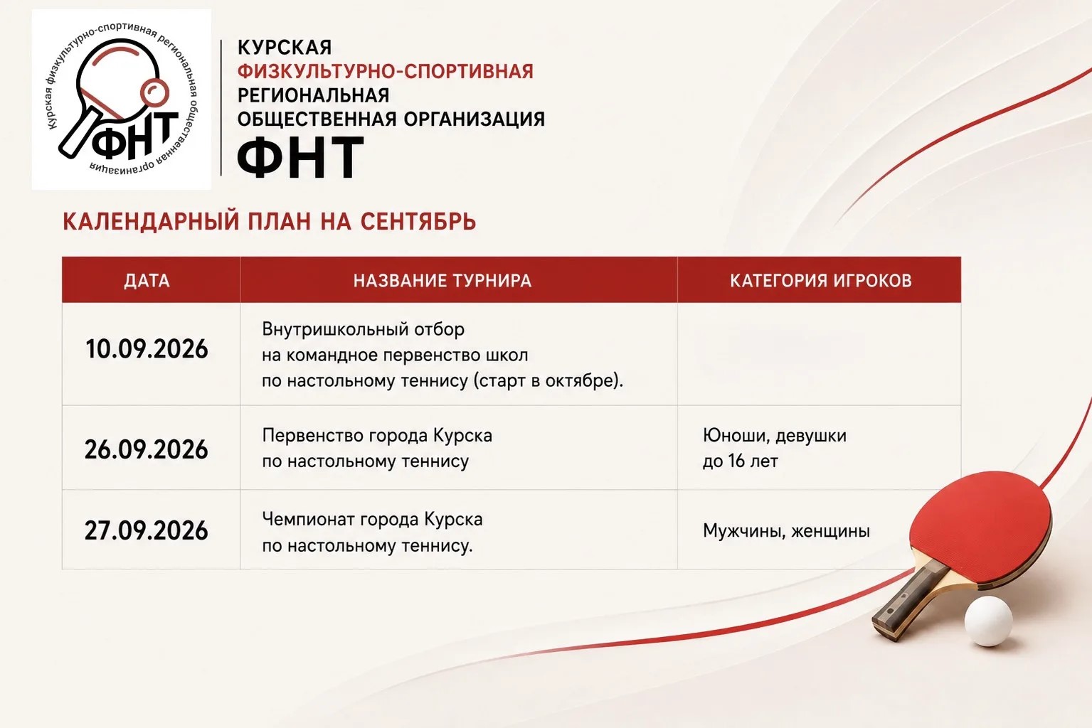 Календарь событий КФС РОО "ФНТ" на сентябрь